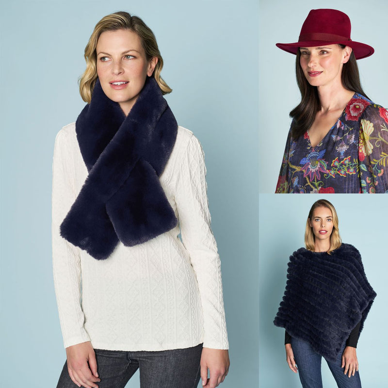Three women wearing various accessories including a Navy Faux Fur Collar, Burgundy Wool Felt Hat and Ink Faux Fur Poncho