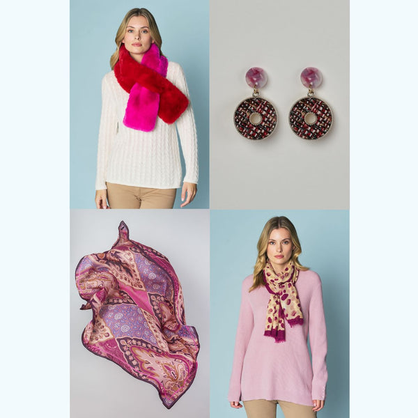 all things pink, Spliced Faux Fur Collar, Tweed Drop Earrings, Dappled Dots Scarf, Paisley Border Print Scarf