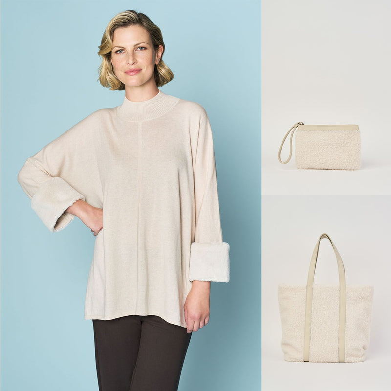 Woman Wearing Faux Fur Trim Poncho with Faux Fur Shearling Cos Bag and Faux Fur Shearling Tote