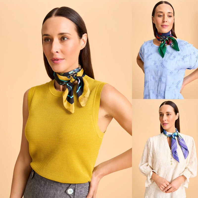 Collage of three female models wearing Butterfly Garden Scarf, Floral Silk Square Scarf and La Viennoiserie Square Scarf