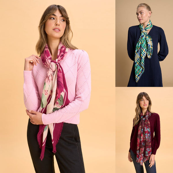Collage of three female models wearing Catriona Rowntree Peonies Wool Scarf, Lurex Check Scarf and Paisley Print Scarf