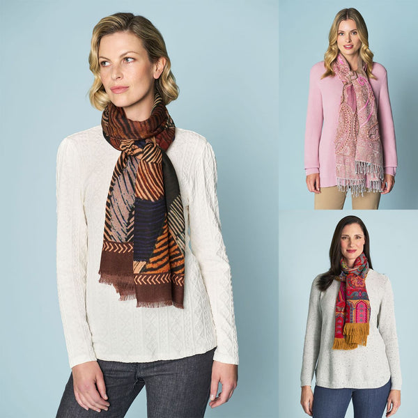 Collage of three female models wearing Autumn Leaves Print Scarf, Fancy Beaded Blanket Scarf and Fringing Border Scarf