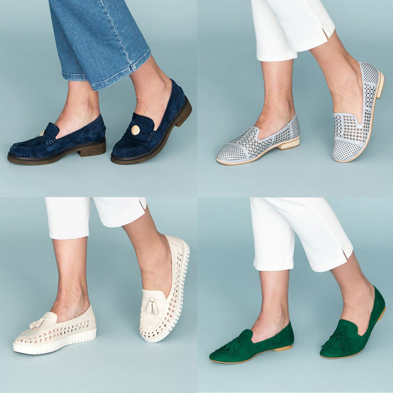 Four models wearing the Iris Ink Loafer, Monet Green Tassel Loafer, Alycia Blue Leather Loafer and Porto Tassel Nude Loafer