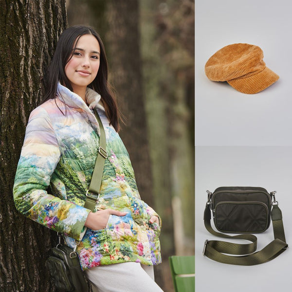 Woman in Landscape Print Reversible Puffer Jacket with Chloe Chenille Baker Boy Cap and Khaki Crossbody Bag