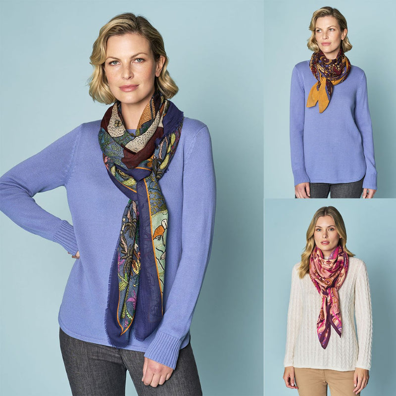 Collage of three female models wearing Butterfly Garden Scarf, Floral Silk Square Scarf and La Viennoiserie Square Scarf