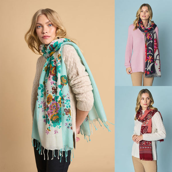 Collage of three female models wearing Floral Stripe Scarf, Butterfly Blanket Scarf and Lurex Border Scarf