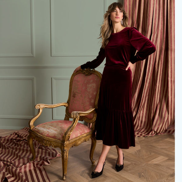 Velvet midi skirt, Velvet button back top in Pinot Noir