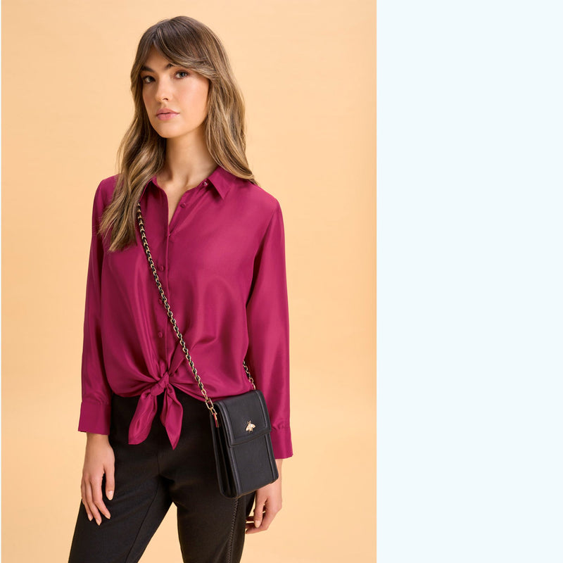 Silk Shirt, Wool Lace Insert Pant, Catriona Rowntree Phone Crossbody Bag, Travel wear