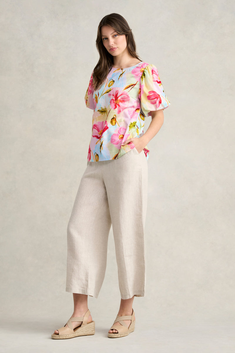 Cotton Puff Sleeve Top - Painterly Meadow Print
