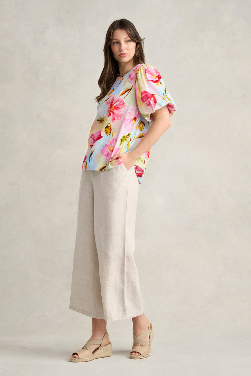 Cotton Puff Sleeve Top - Painterly Meadow Print