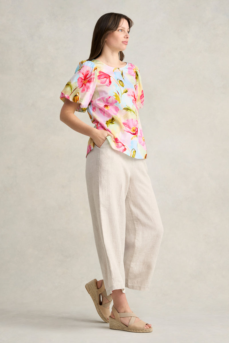 Cotton Puff Sleeve Top - Painterly Meadow Print
