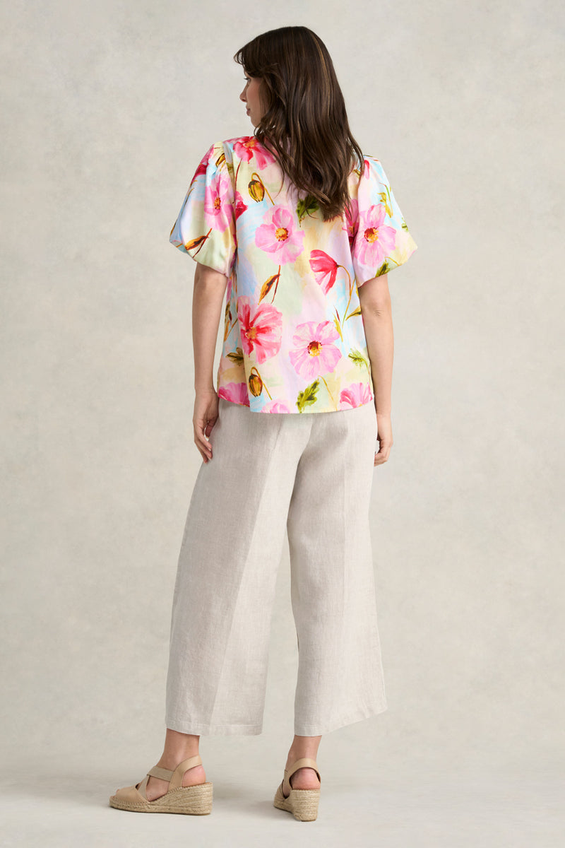 Cotton Puff Sleeve Top - Painterly Meadow Print