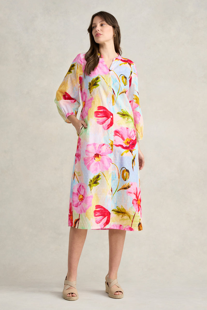 Printed Cotton Shirt Dress - Painterly Meadow Print