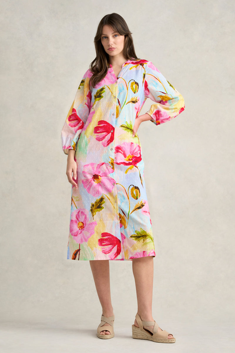 Printed Cotton Shirt Dress - Painterly Meadow Print