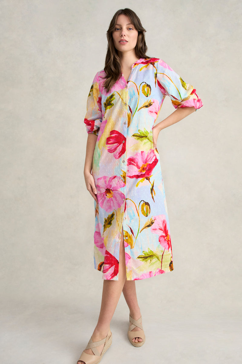 Printed Cotton Shirt Dress - Painterly Meadow Print
