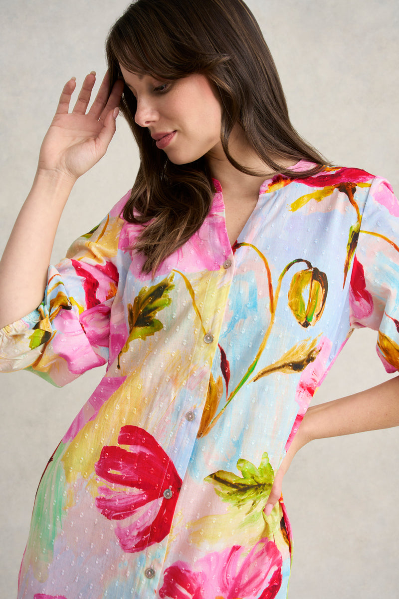 Printed Cotton Shirt Dress - Painterly Meadow Print