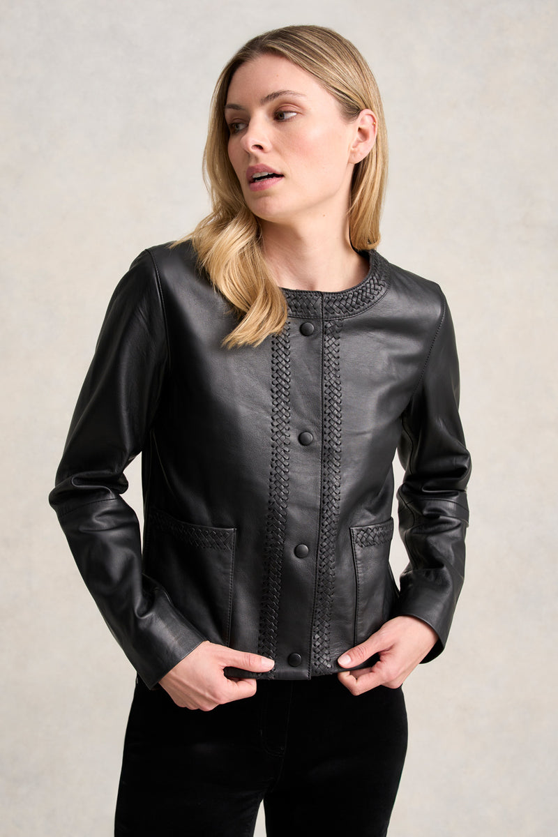 Braid Detail Leather Jacket - Black