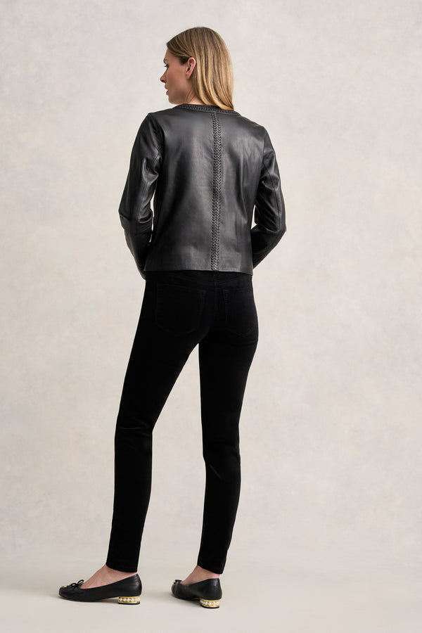 Braid Detail Leather Jacket - Black