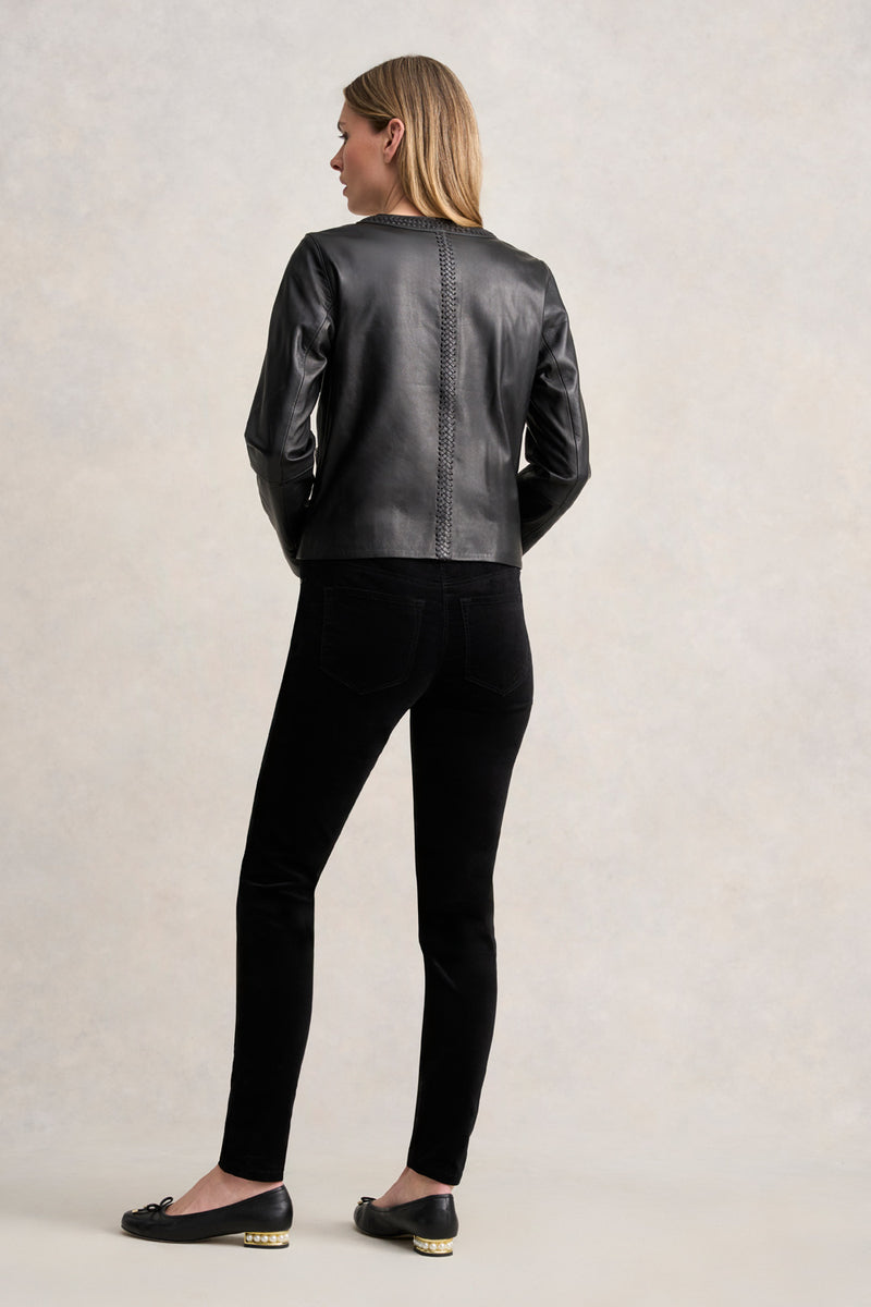 Braid Detail Leather Jacket - Black