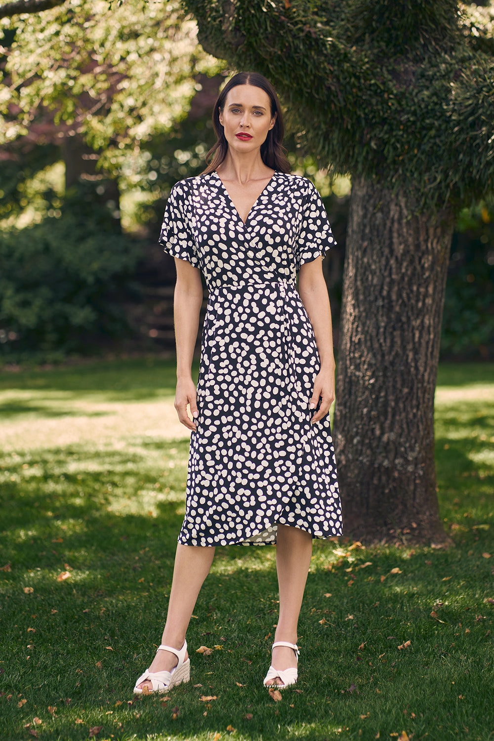 Black and white clearance polka dot wrap dress