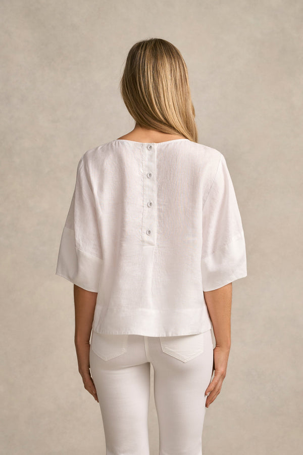 Linen Button Back Top - White