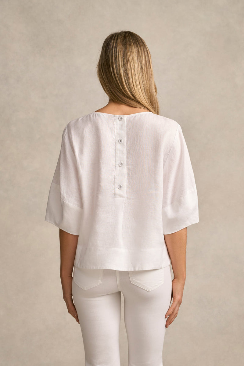 Linen Button Back Top - White