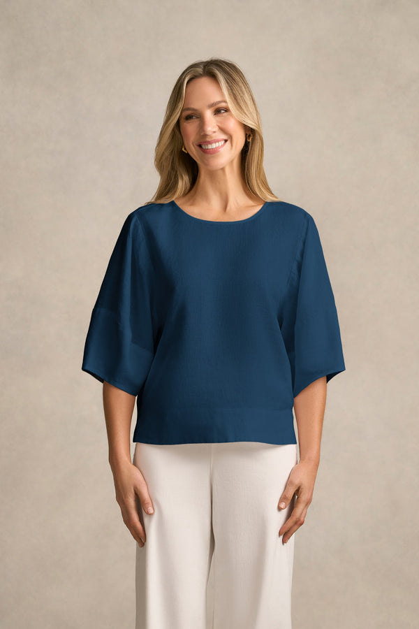 Linen Button Back Top - Navy Delave