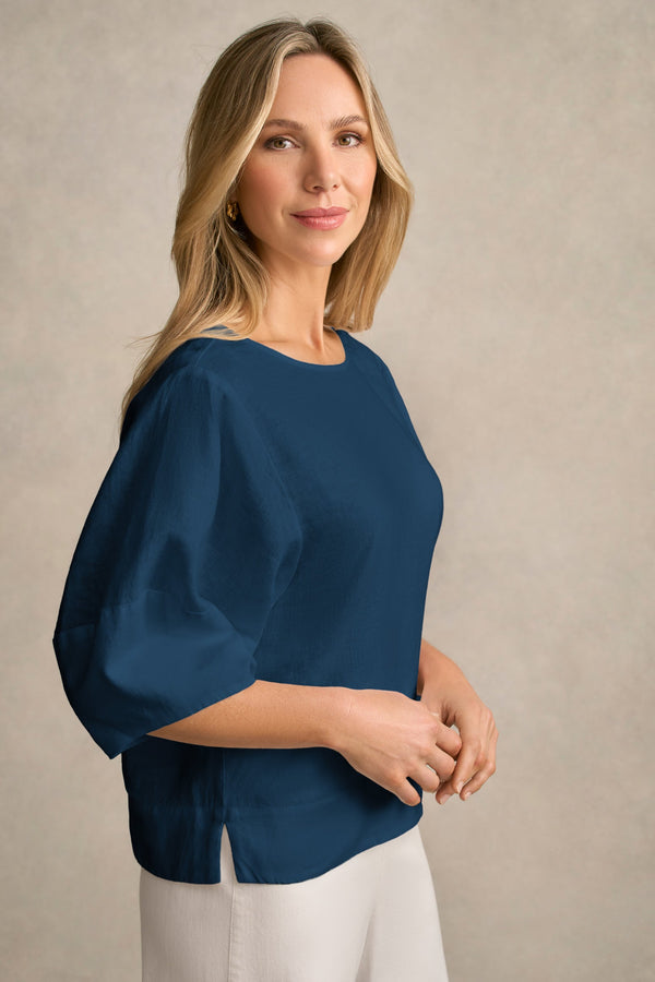 Linen Button Back Top - Navy Delave
