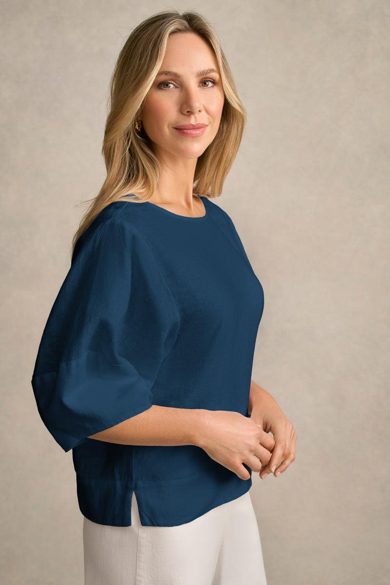 Linen Button Back Top - Navy Delave