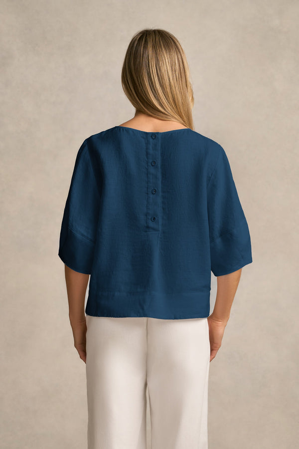 Linen Button Back Top - Navy Delave