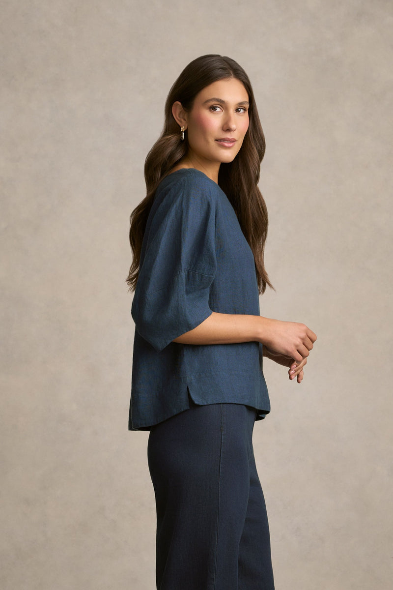Linen Button Back Top - Periwinkle Cross Dye