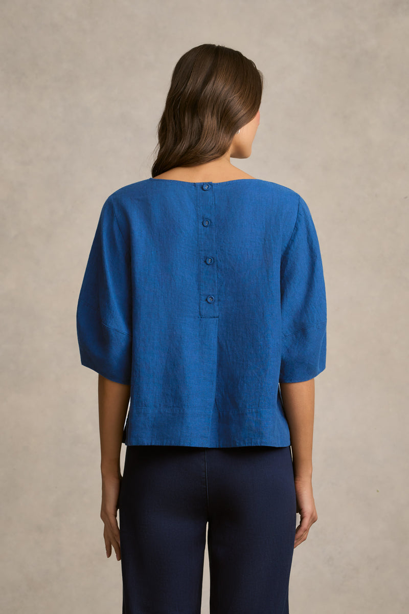 Linen Button Back Top - Periwinkle Cross Dye
