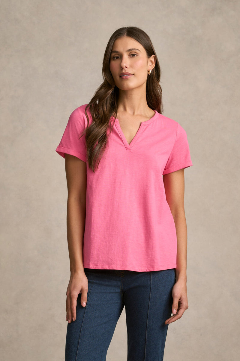 Notch Neck Cotton Tee - Hot Pink