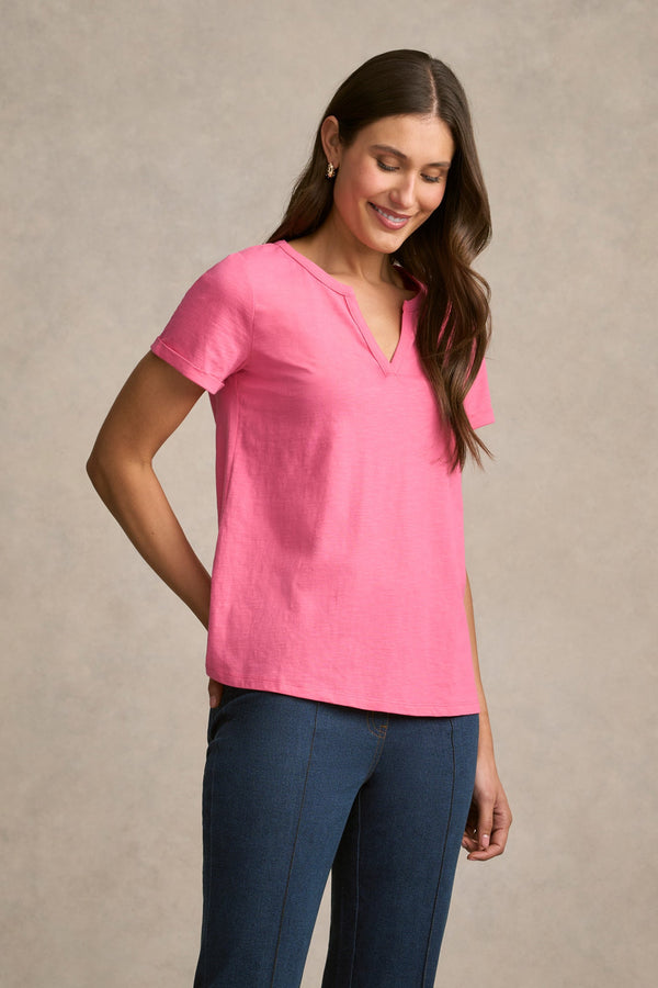 Notch Neck Cotton Tee - Hot Pink