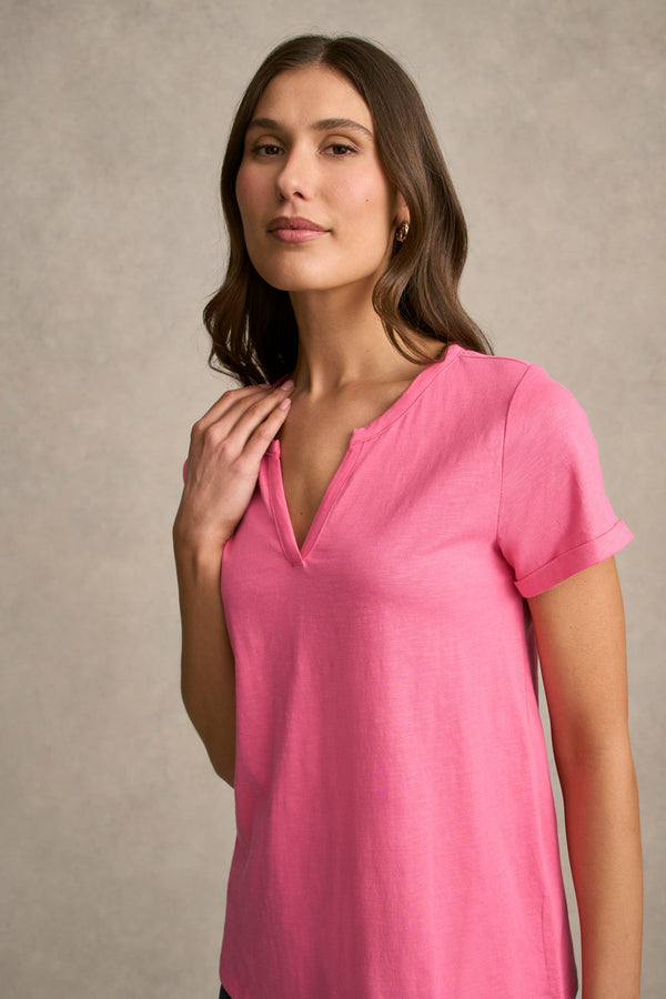 Notch Neck Cotton Tee - Hot Pink