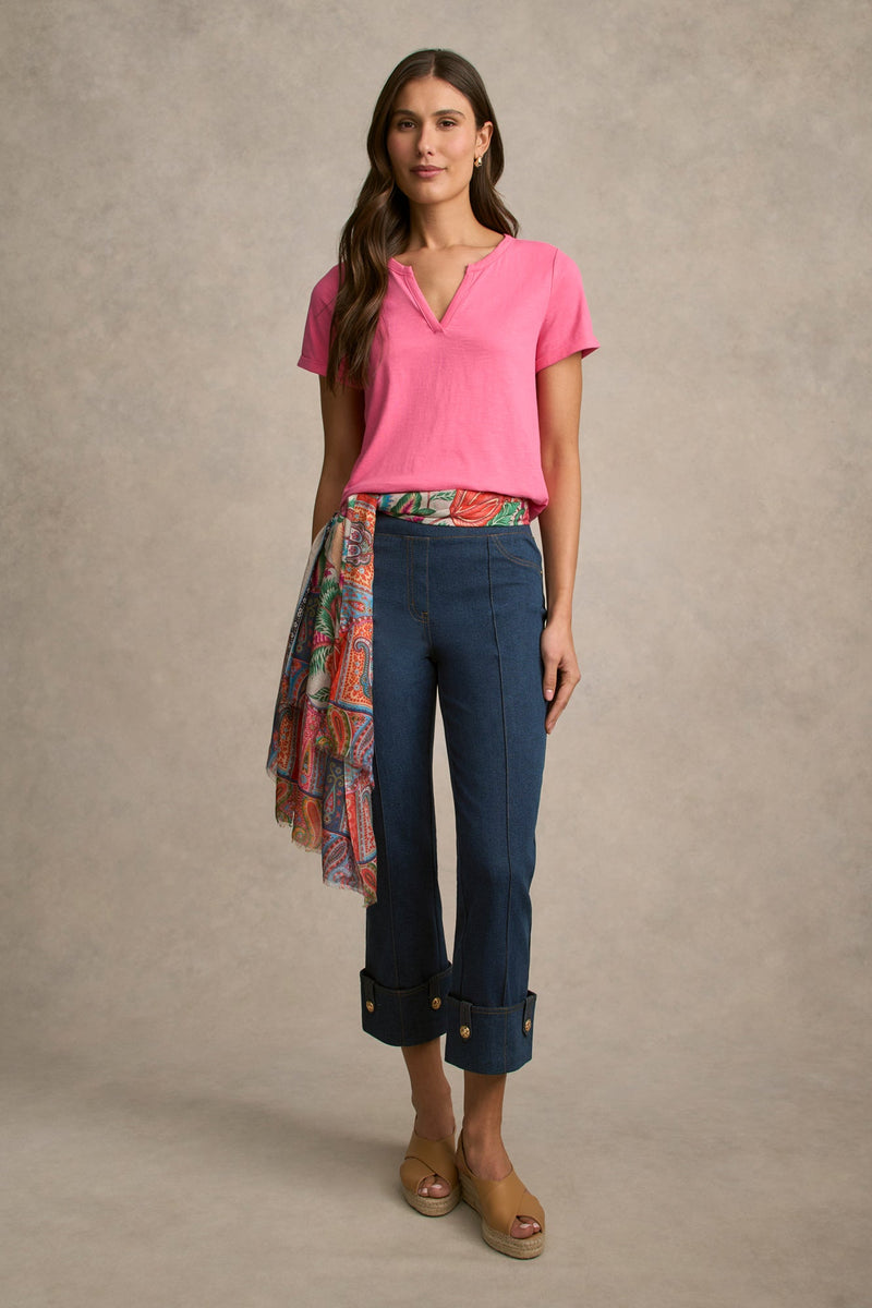 Notch Neck Cotton Tee - Hot Pink