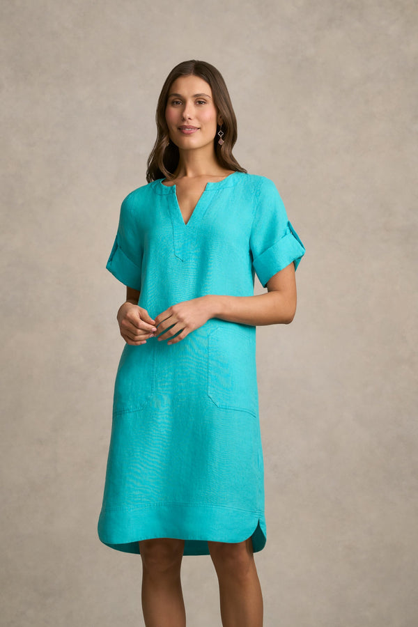 Stitch Detail Linen Dress - Aqua