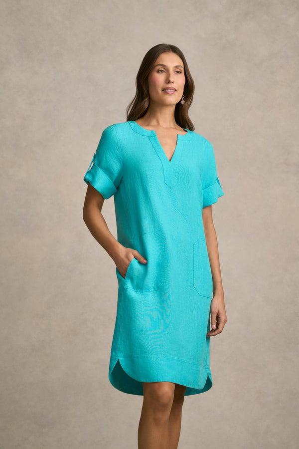 Stitch Detail Linen Dress - Aqua