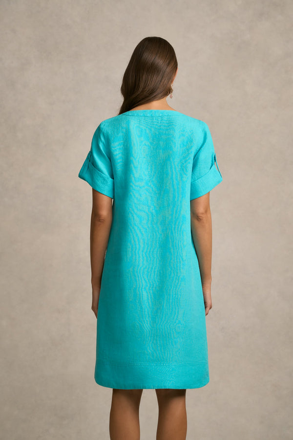 Stitch Detail Linen Dress - Aqua
