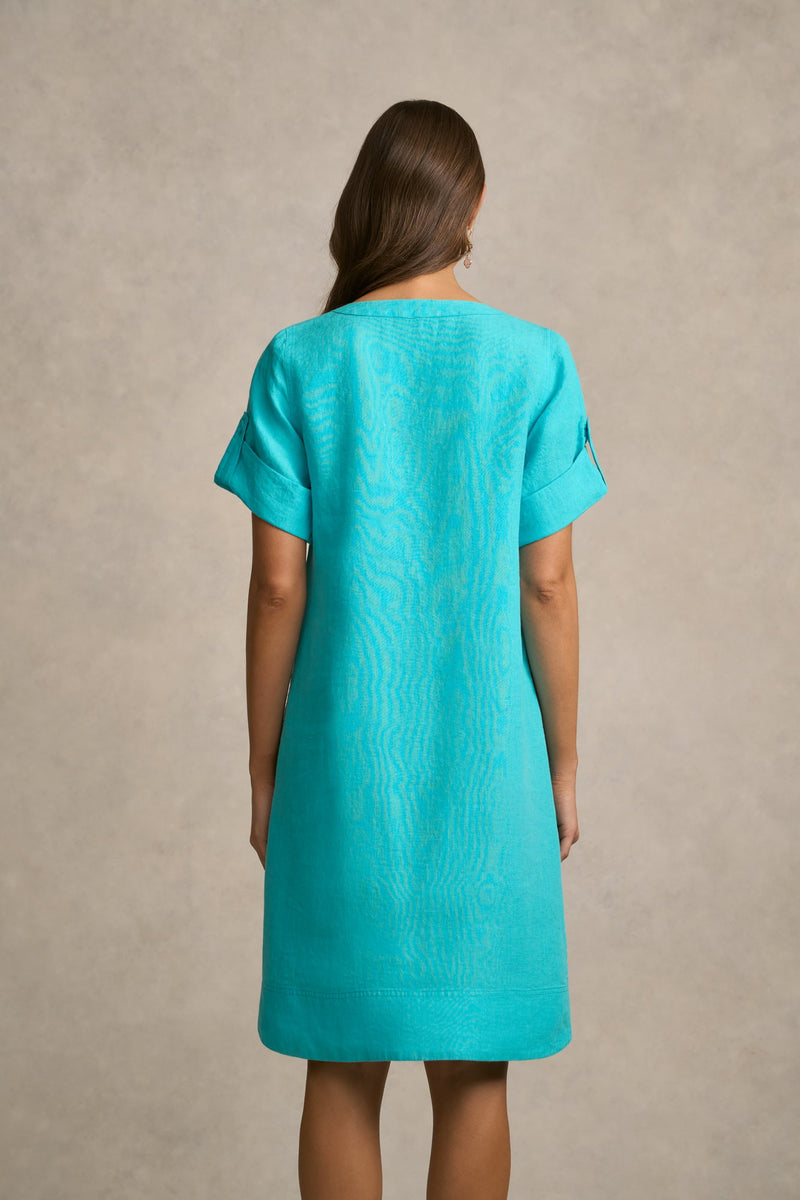 Stitch Detail Linen Dress - Aqua