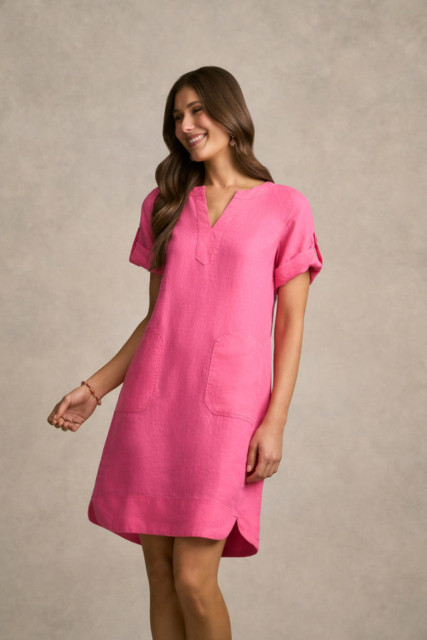 Stitch Detail Linen Dress - Sunset Pink