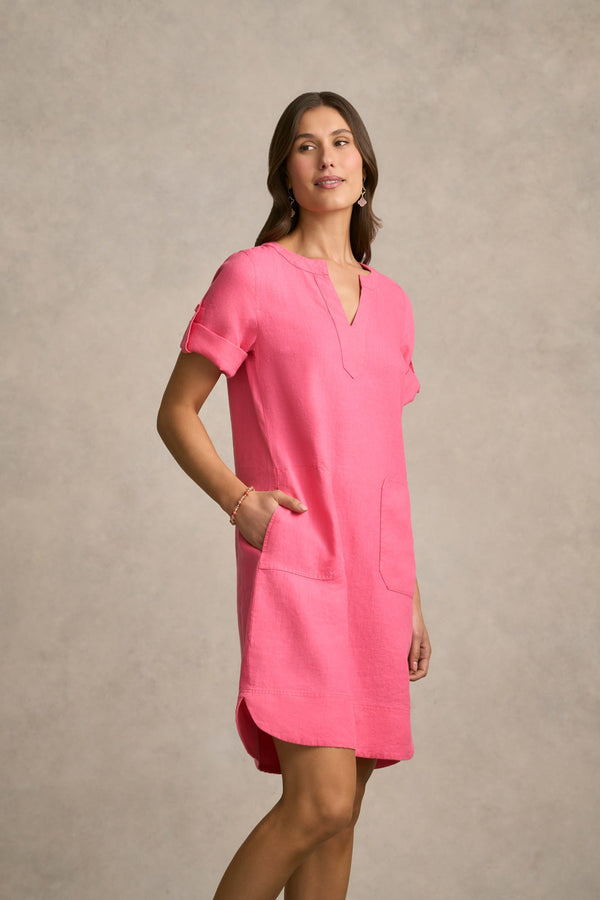 Stitch Detail Linen Dress - Sunset Pink