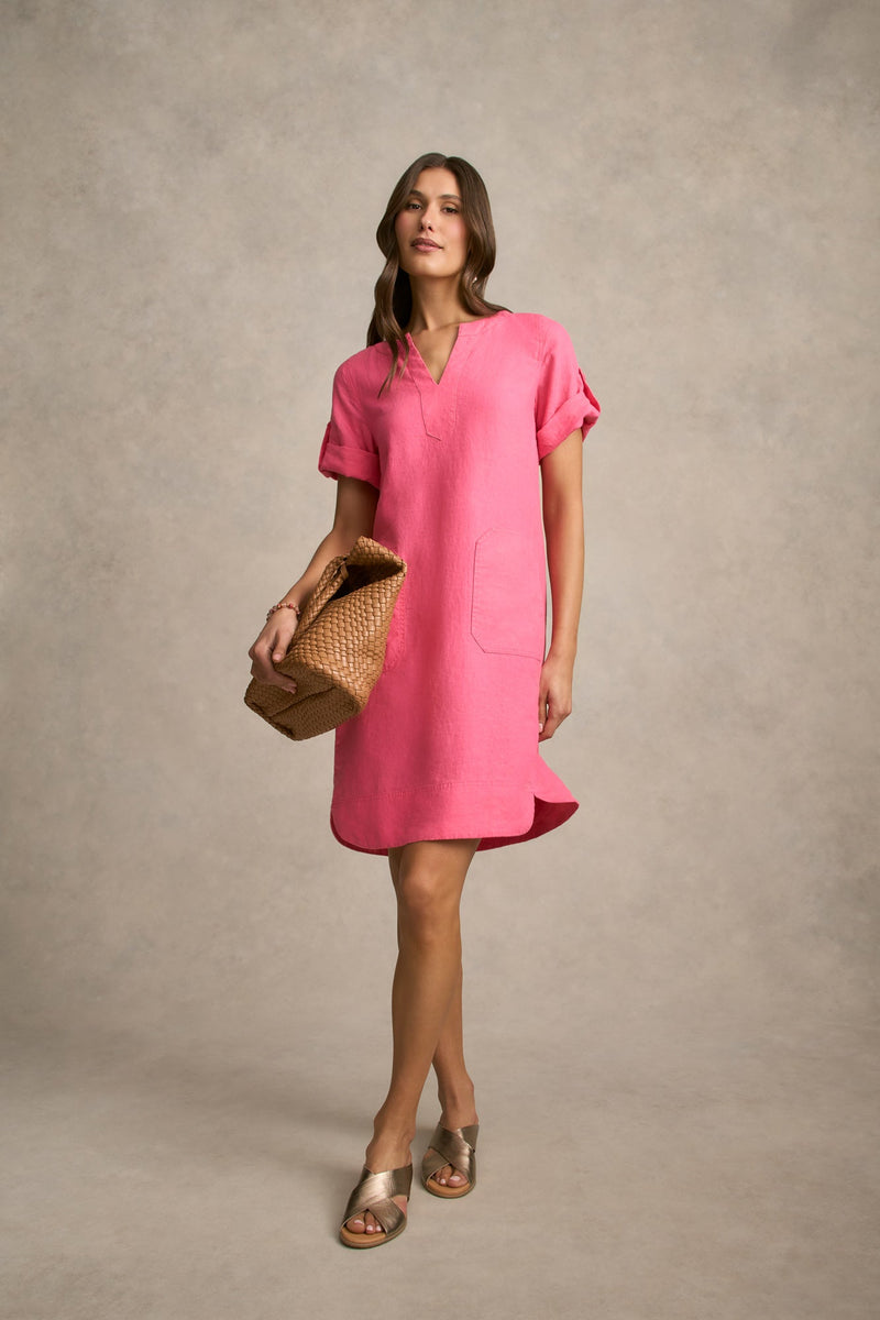 Stitch Detail Linen Dress - Sunset Pink