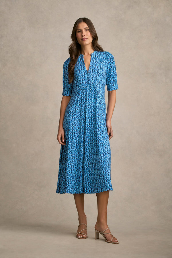 Jersey Midi Dress - Blue Tone Ikat Print