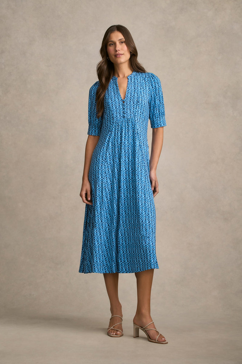 Jersey Midi Dress - Blue Tone Ikat Print