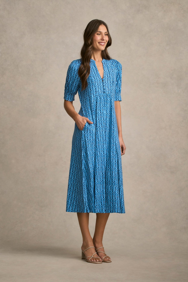 Jersey Midi Dress - Blue Tone Ikat Print