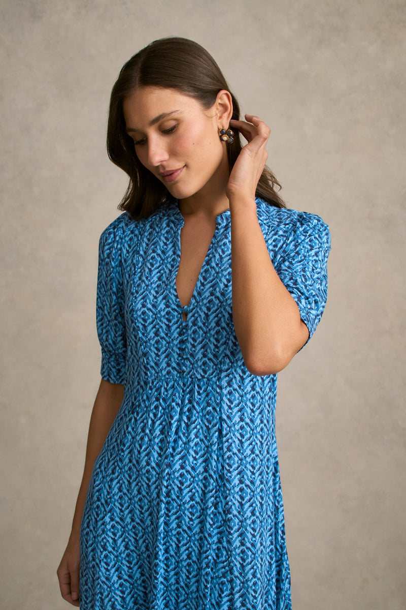 Jersey Midi Dress - Blue Tone Ikat Print