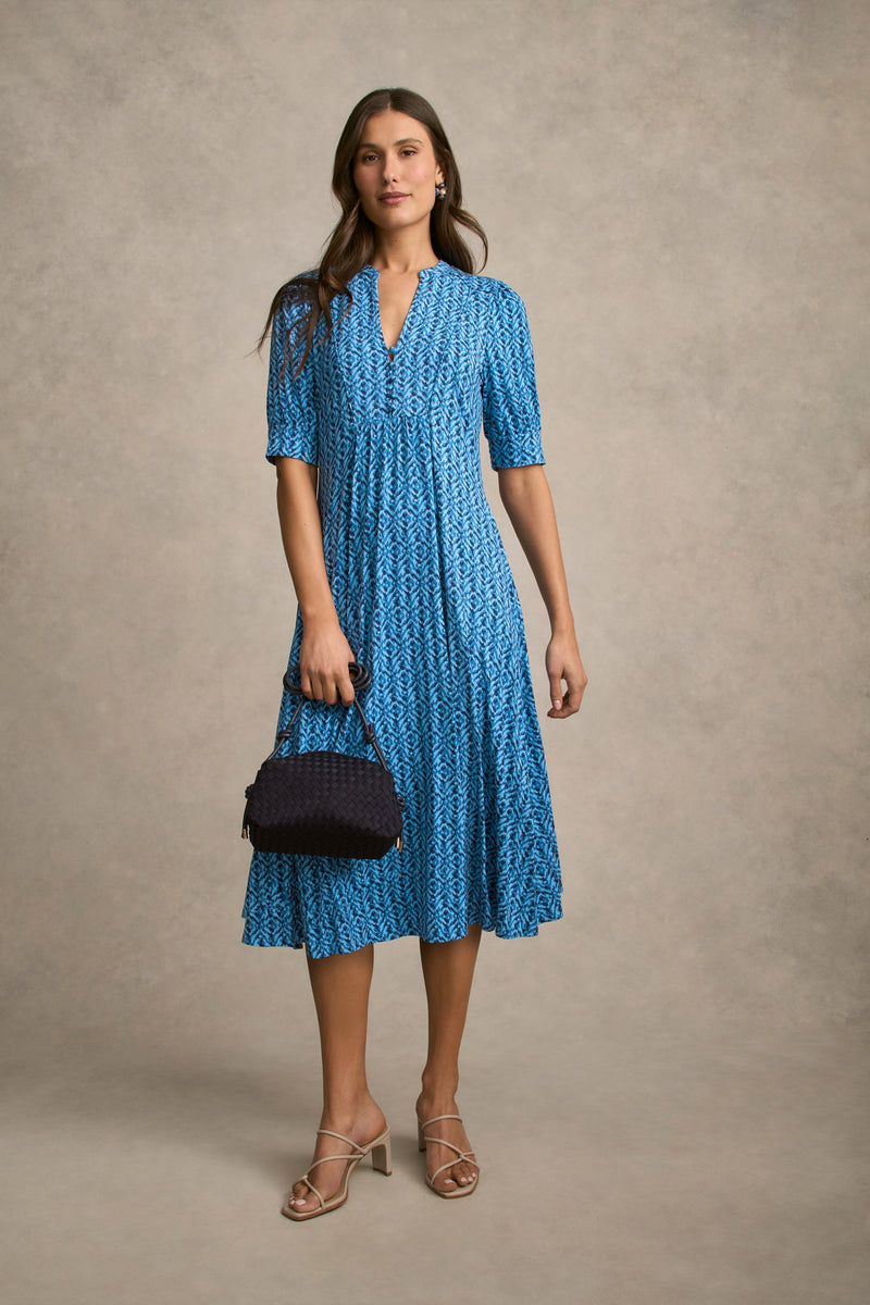 Jersey Midi Dress - Blue Tone Ikat Print