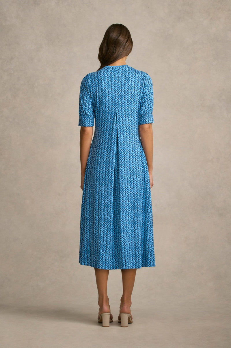 Jersey Midi Dress - Blue Tone Ikat Print