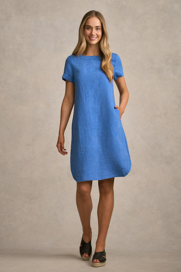 Scoop Neck Linen Dress - Periwinkle Cross Dye